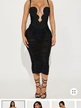 Fashion Nova Black Bandage Midi Dress with Ruched Detailing